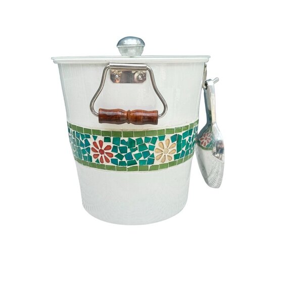 Vintage White ice Bucket Mid Century Enameled with Blue Red Green Glass 2 Handle - Picture 4 of 6